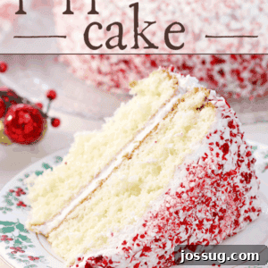 Festive Peppermint Dream Cake 2 A Holiday Peppermint Cake, frosted and adorned with crushed candy canes, ready to be served on a festive plate.