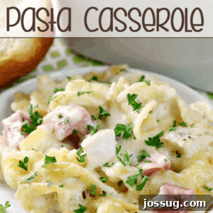 Cordon Bleu Chicken Pasta Bake 2 Creamy Chicken Cordon Bleu Pasta Casserole on a plate, garnished with fresh parsley.