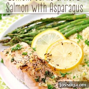 Sheet Pan Lemon, Garlic & Herb Salmon with Asparagus on a plate.