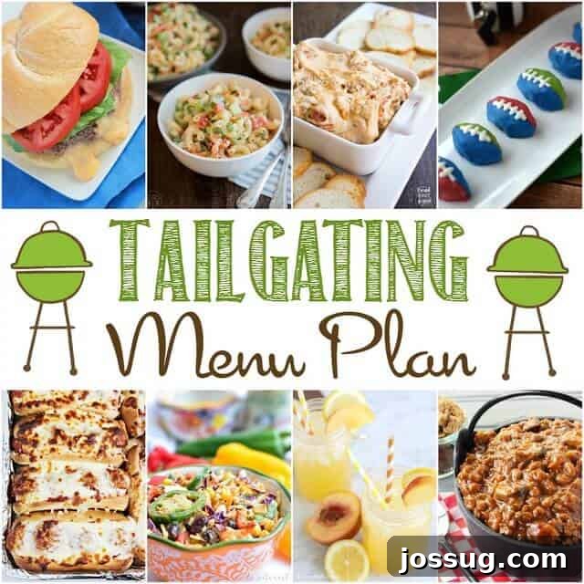 Game Day Grub Guide 62 Tailgating Menu Plan collage featuring various game day dishes like pizza dip, wings, salads, burgers, and brownies.