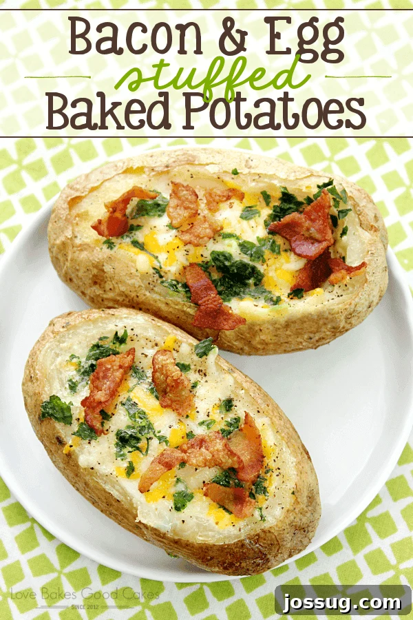 Ultimate Bacon Egg Loaded Baked Potatoes 2 Two golden brown bacon and egg stuffed baked potatoes, generously filled with scrambled eggs, crispy bacon, melted cheddar cheese, and fresh green onions, served on a white plate. A perfect hearty breakfast or dinner.