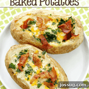 Bacon & Egg Stuffed Baked Potatoes on a white plate, showcasing the rich filling and golden cheese.