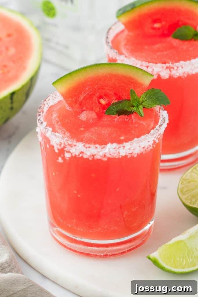 Crimson Wave Margarita 2 Close-up of a salted-rim glass filled with frozen watermelon margarita, garnished with a watermelon wedge and mint sprig