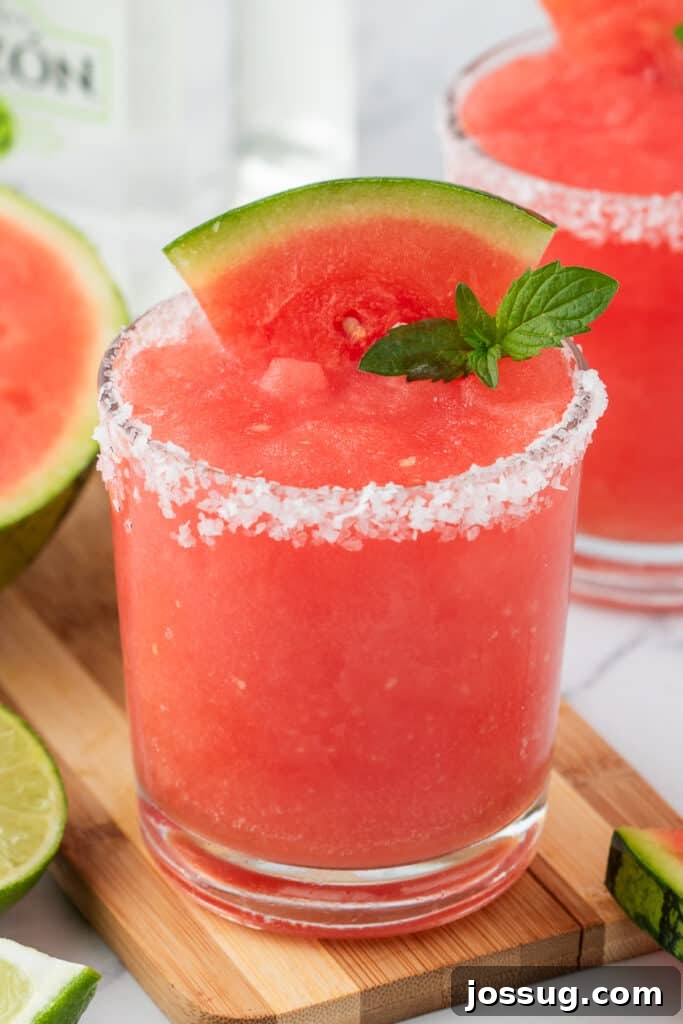 Crimson Wave Margarita 11 A perfectly served watermelon margarita on a wooden board, garnished with fresh mint and a fresh watermelon wedge, ready to be enjoyed