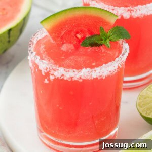 Square image of a bright red frozen watermelon margarita with a salted rim, garnished with a watermelon wedge and mint