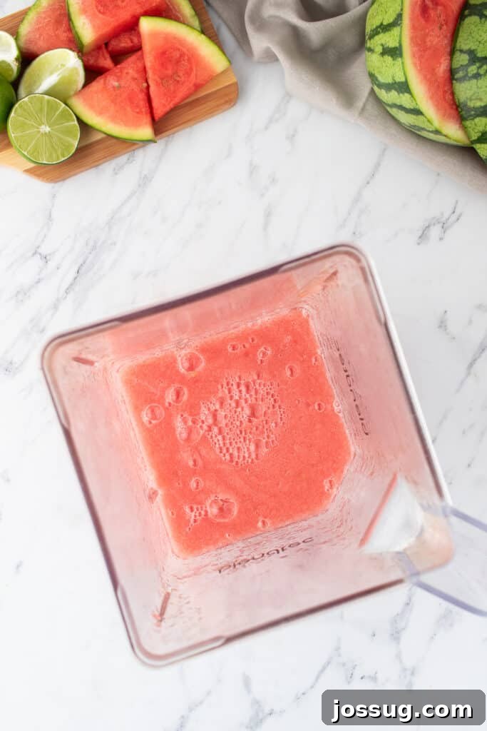 Crimson Wave Margarita 7 Blended watermelon margarita mixture in a blender, showing a smooth, vibrant red liquid ready to pour