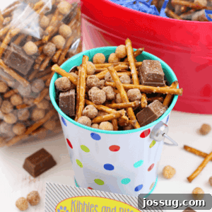 Close-up of a treat bag filled with Kibbles & Bits Snack Mix, showcasing the various ingredients.