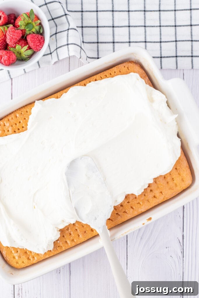Creamy Three Milk Dream 10 A generous layer of fluffy whipped cream is being smoothly spread over the fully soaked Tres Leches cake in a white baking dish, creating an inviting topping. A bowl of fresh raspberries and strawberries sits on the side, poised for the final decorative touch.