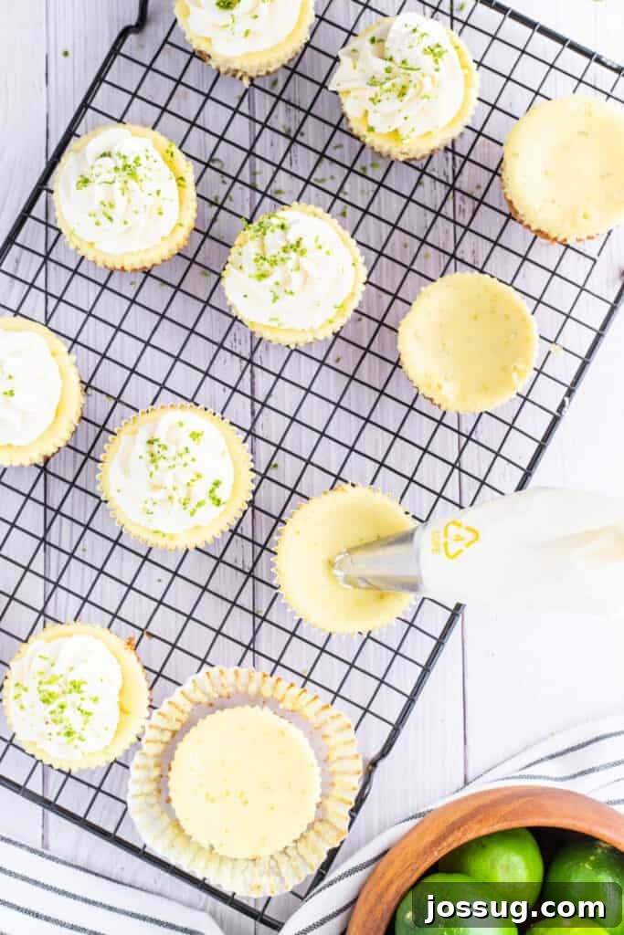 Zesty Mini Key Lime Cheesecakes 6 Mini key lime cheesecakes on a cooling rack with whipped cream being piped on top