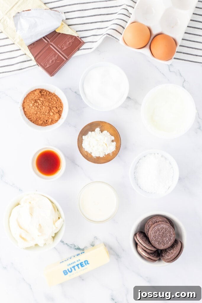 Overhead view of ingredients for Mini Chocolate Cheesecakes including Oreos, butter, eggs, cream cheese, cocoa powder, and sugar