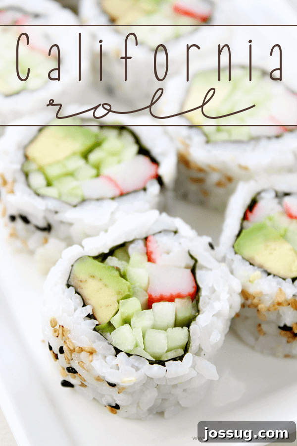 Freshly prepared California Rolls arranged neatly on a pristine white plate, garnished with a sprinkle of sesame seeds.