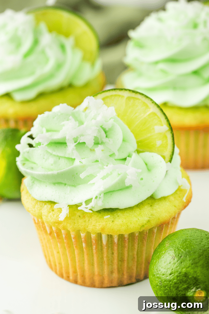 Decorated coconut lime cupcake topped with frosting, coconut, and lime slice