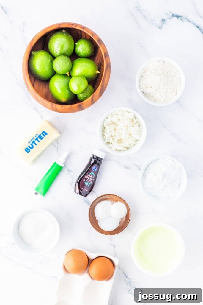 Overhead shot of key ingredients for coconut lime cupcakes arranged on a marble surface