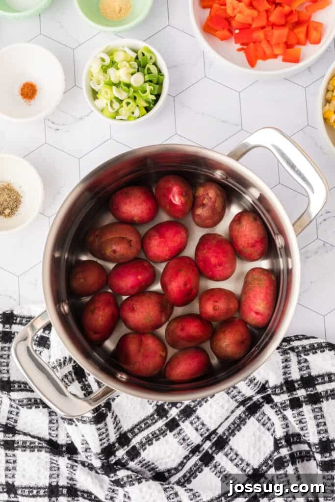 Red potatoes placed in a large saucepan, ready for boiling.