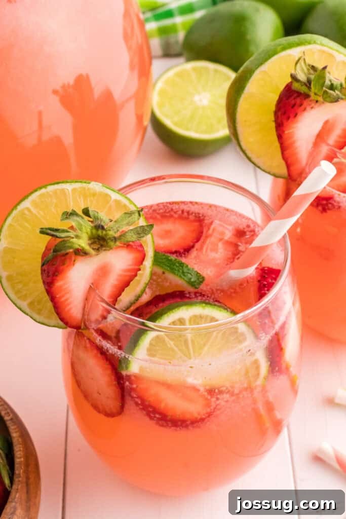 Close-up of a glass filled with strawberry limeade, garnished with fresh lime and strawberry slices, and a pink striped straw. The drink is vibrant red and looks incredibly refreshing.
