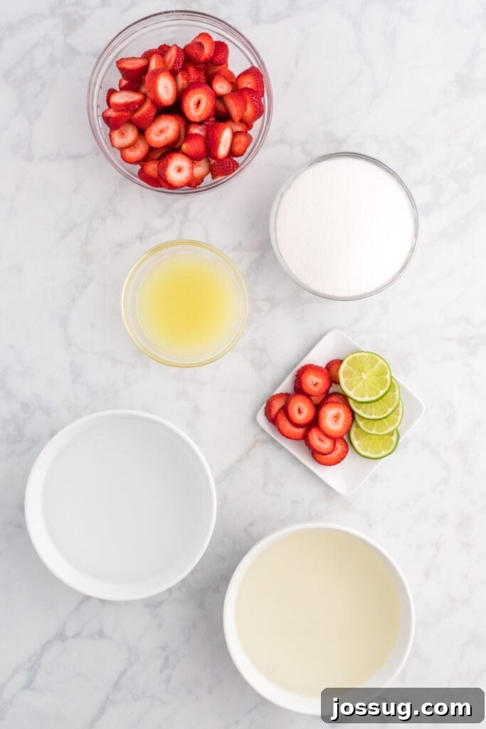 Blush Burst Cooler 3 Overhead shot of fresh sliced strawberries, lime juice, sugar, coconut water, water, and lime slices artfully arranged on a marble surface, ready for preparation.