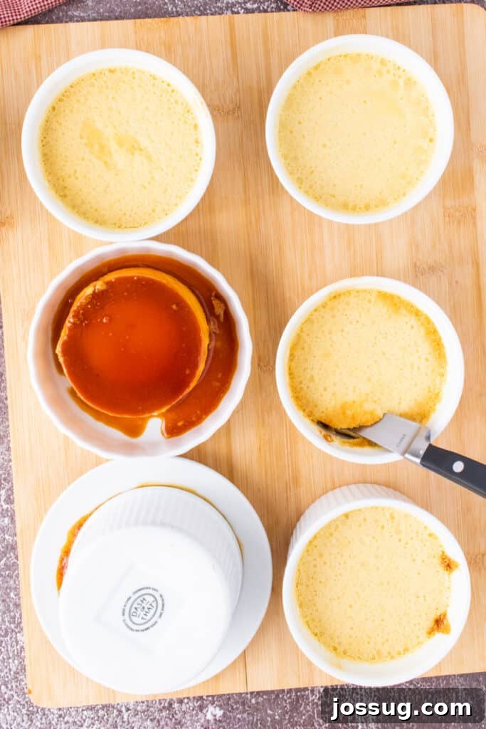 Caramel Flan Bites 11 Six ramekins of baked flan, one flipped onto a plate with caramel sauce visible.