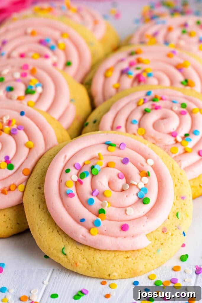 Gourmet Funfetti Sugar Cookies 2 Stack of frosted confetti cookies with pink frosting and colorful sprinkles on top.
