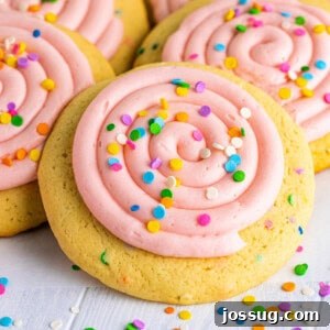 Close-up of a frosted confetti cookie with a swirl of pink frosting and bright sprinkles.