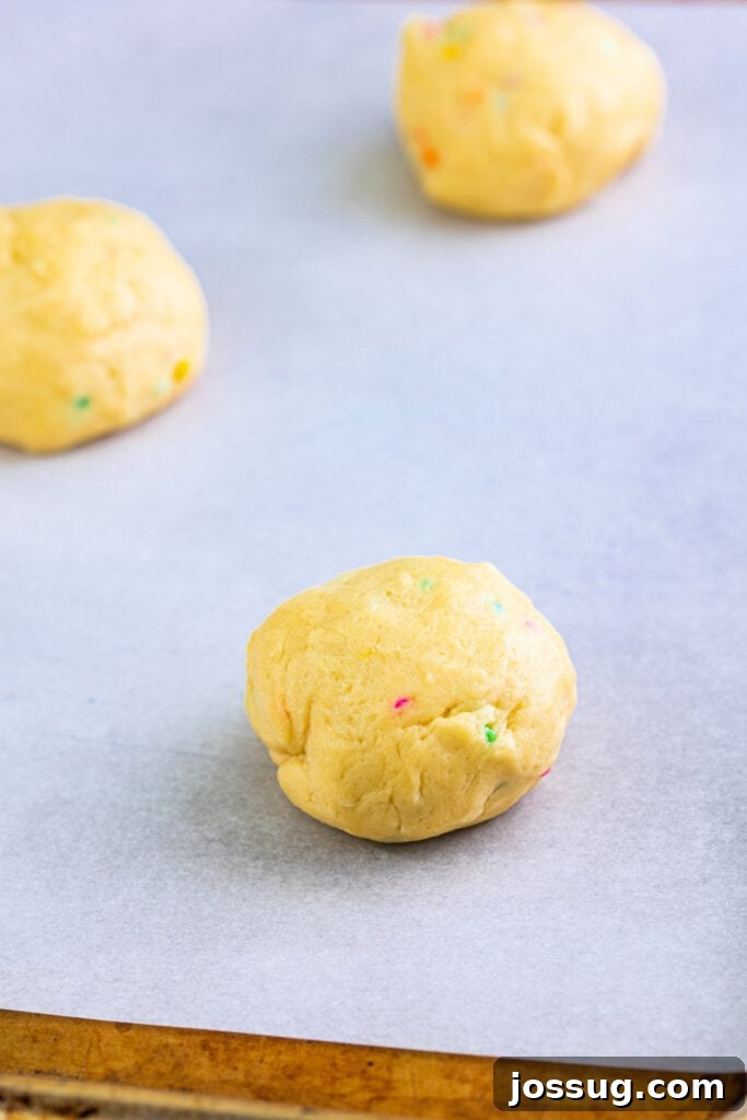 Gourmet Funfetti Sugar Cookies 4 Close-up of cookie dough ball with colorful sprinkles on parchment-lined baking sheet.