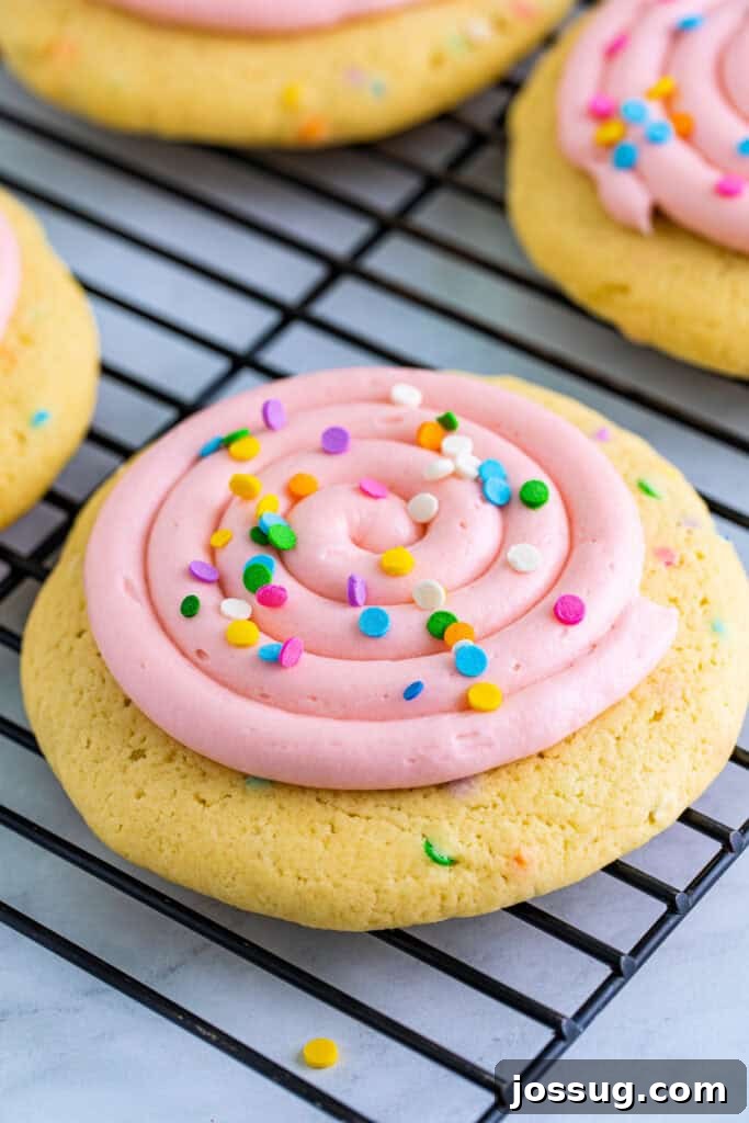 Gourmet Funfetti Sugar Cookies 7 Frosted confetti cookie with pink swirl frosting and colorful sprinkles on a cooling rack.