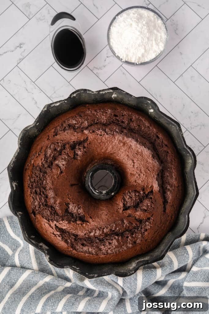 Decadent Kahlua Chocolate Bundt 9 A beautifully baked Chocolate KahlĂșa Bundt cake, golden-brown and fragrant, gently cooling within its pan on a wire rack after emerging from the oven.