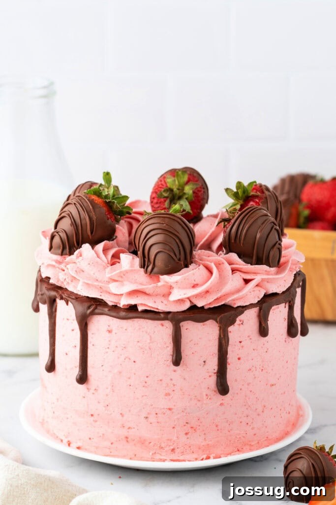 Whole chocolate strawberry cake decorated with pink buttercream, ganache drip, and chocolate-covered strawberries.
