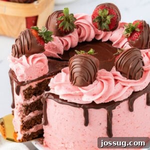 Close-up of a chocolate strawberry cake with pink strawberry buttercream, chocolate ganache drip, and chocolate-covered strawberries on top.
