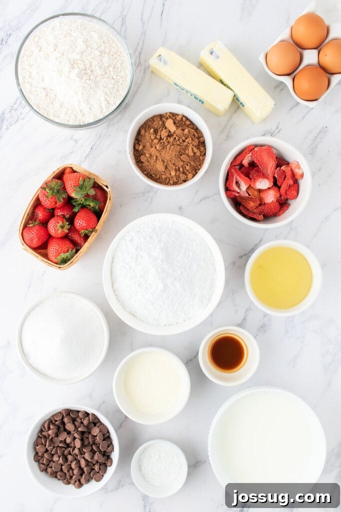 Overhead view of measured ingredients for chocolate strawberry cake on a marble countertop, including fresh and freeze-dried strawberries.