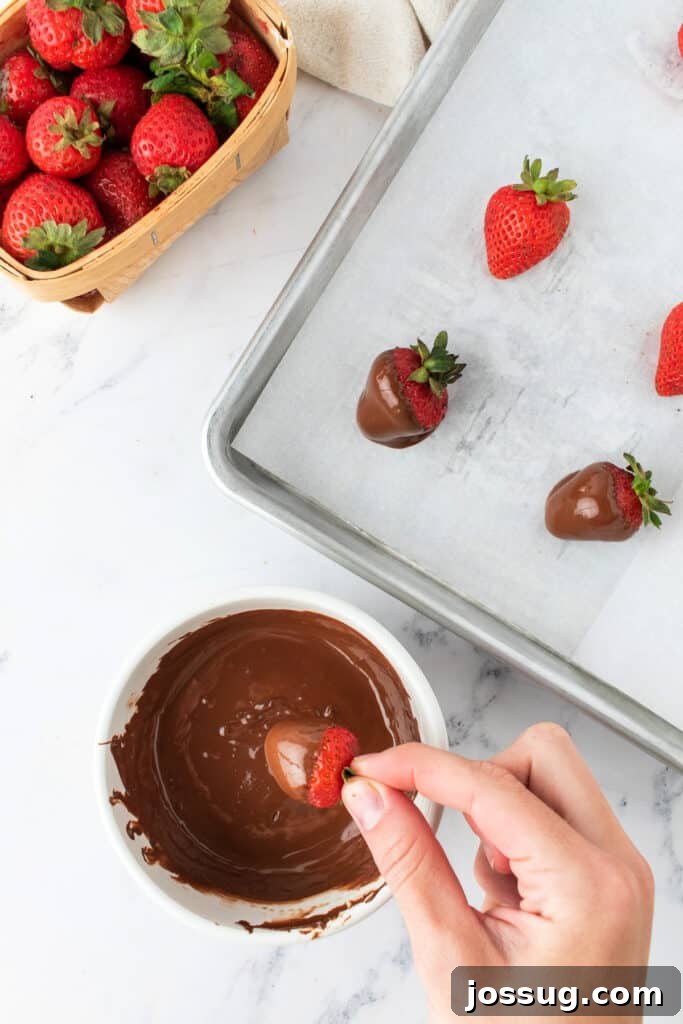 Hand dipping a fresh strawberry into melted chocolate over a parchment-lined baking sheet.
