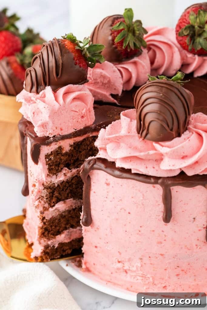Sliced chocolate strawberry cake with pink frosting and chocolate ganache, topped with chocolate-covered strawberries.
