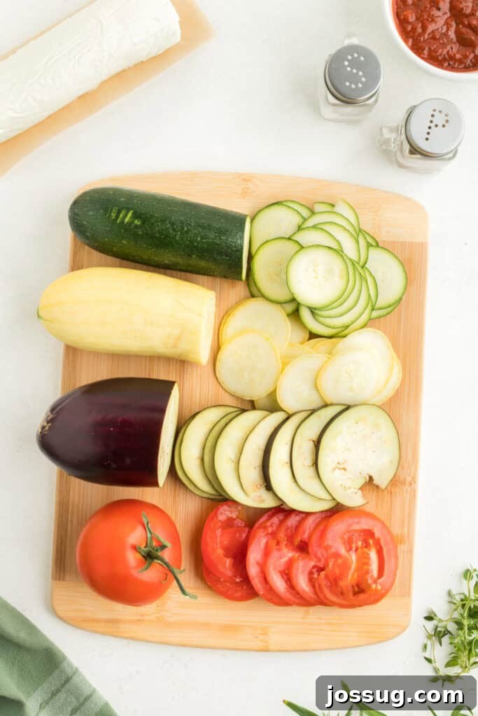 Assortment of thinly sliced fresh vegetables including zucchini, yellow squash, eggplant, and ripe tomatoes, neatly arranged on a wooden cutting board.