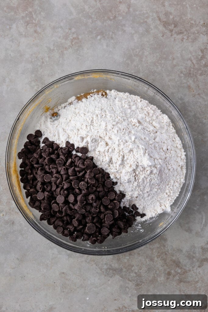 The bowl of wet ingredients now contains a mound of the dry flour mixture and a generous scattering of chocolate chips, indicating the next step of combining the dough.