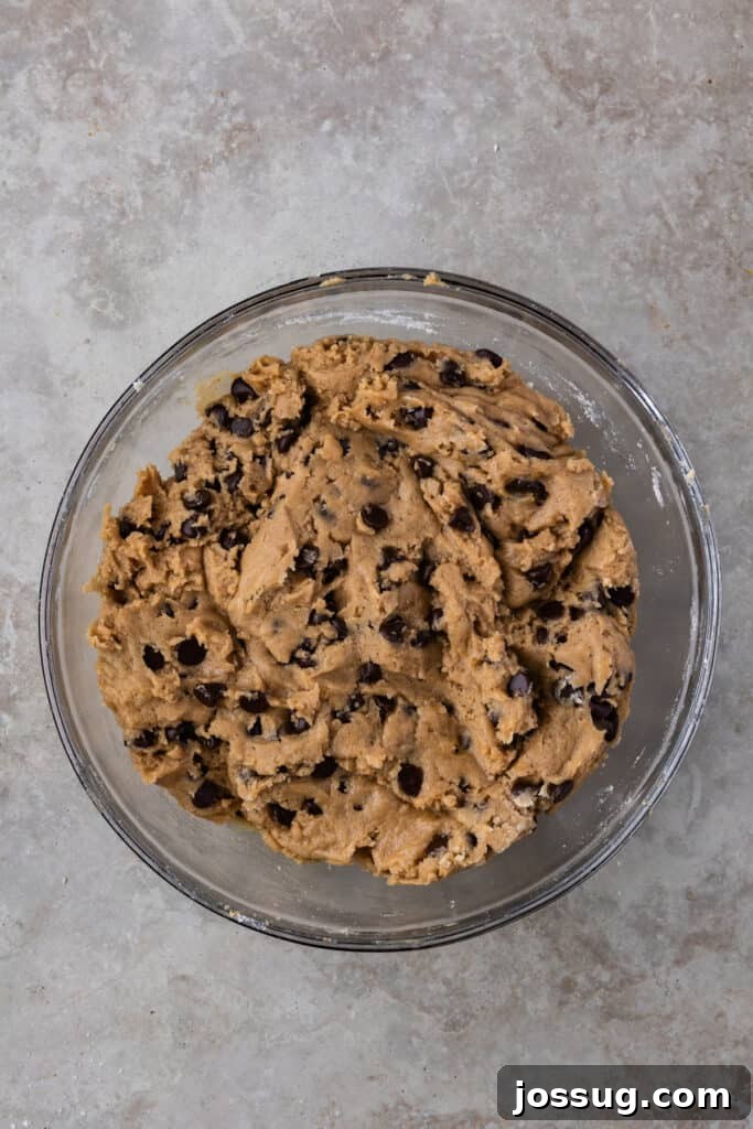 A glass bowl filled with fully mixed chocolate chip cookie dough, showing evenly distributed chocolate chunks and a rich, thick texture, ready for chilling.