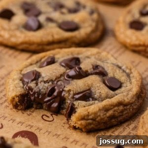 Square image of a single brown butter sourdough discard chocolate chip cookie, showcasing its soft, chewy center with perfectly melted chocolate and a hint of a crisp edge on parchment paper.