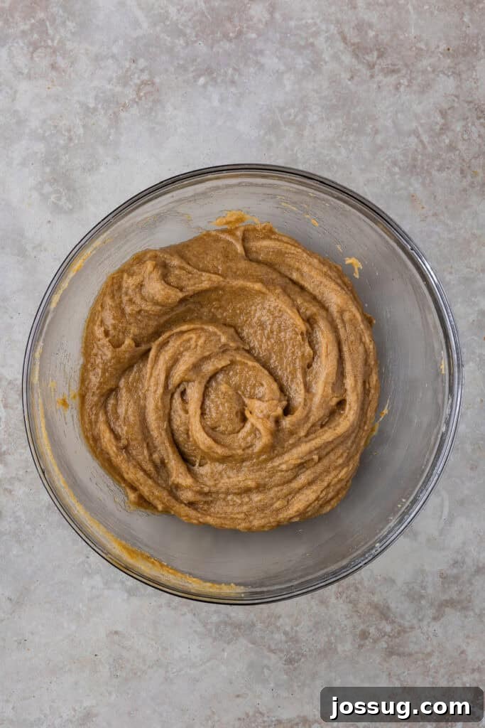 The wet mixture, now with the sourdough discard fully incorporated, stirred to a uniform, thick, and smooth consistency, ready for the dry ingredients.