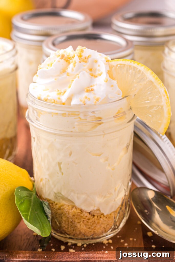 Zesty No-Bake Lemon Cheesecake Jars 2 Close-up of a single no-bake lemon cheesecake jar, showcasing its creamy layers and a hint of lemon zest