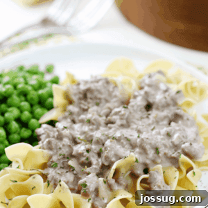 Hamburger Stroganoff on a white plate with peas.