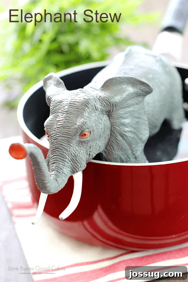 Pachyderm's Pot 2 Humorous depiction of Elephant Stew with a toy elephant playfully placed in a five-quart pot, symbolizing a massive, comedic meal.