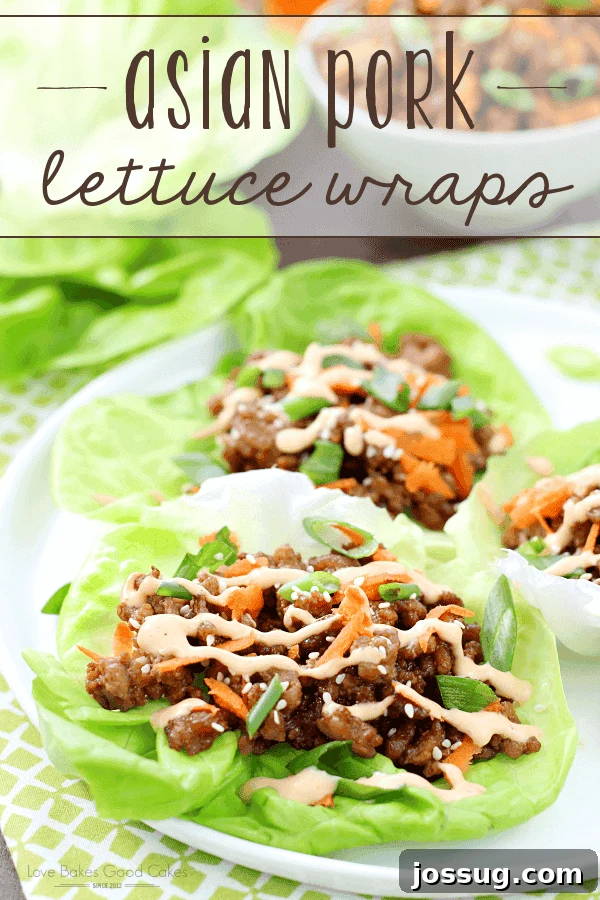 Savory Asian Pork Lettuce Cups 2 Delicious Asian Pork Lettuce Wraps served on a crisp white plate, garnished with fresh herbs and a drizzle of sauce.
