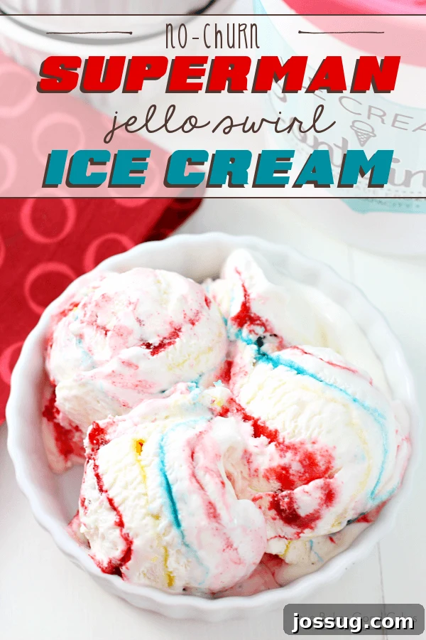Heroic Gelatin Swirl No-Churn Ice Cream 2 A bowl of red, yellow, and blue swirled No-Churn Superman Jell-O Swirl Ice Cream.