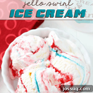 No-Churn Superman Jello Swirl Ice Cream in a white bowl.