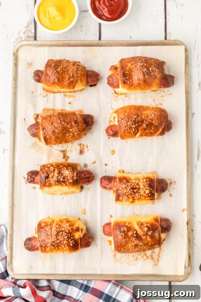 Homemade Pretzel Dogs in a Snap 10 Baked pretzel dogs, golden brown and ready to serve.