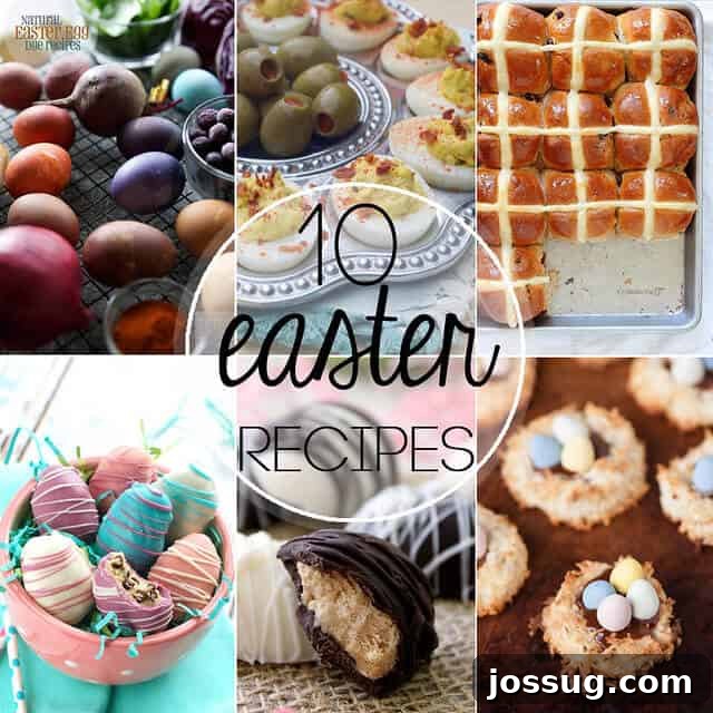 A vibrant collage featuring 10 essential Easter recipes: Coconut Caramel Nests, Peanut Butter Eggs, Bacon Horseradish Deviled Eggs, Old Fashioned Carrot Cake, Easter Lemon Pie Cups, Easy Easter Cookies, Soft and Chewy Sugar Cookie Bars, Hot Cross Buns, Natural Easter Egg Dye, and Easter Egg Cookie Dough Truffles.