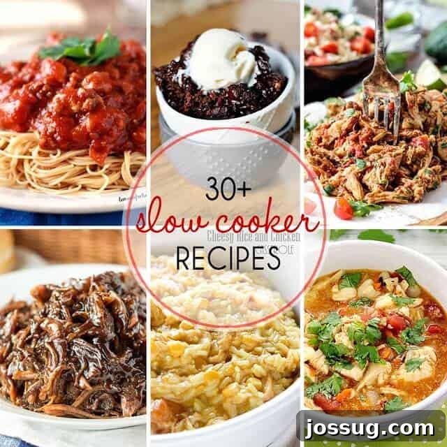 30 Set-and-Forget Slow Cooker Meals 2 A collage featuring various delicious slow cooker recipes, including main dishes, soups, and desserts, enticing viewers to explore easy meal solutions.