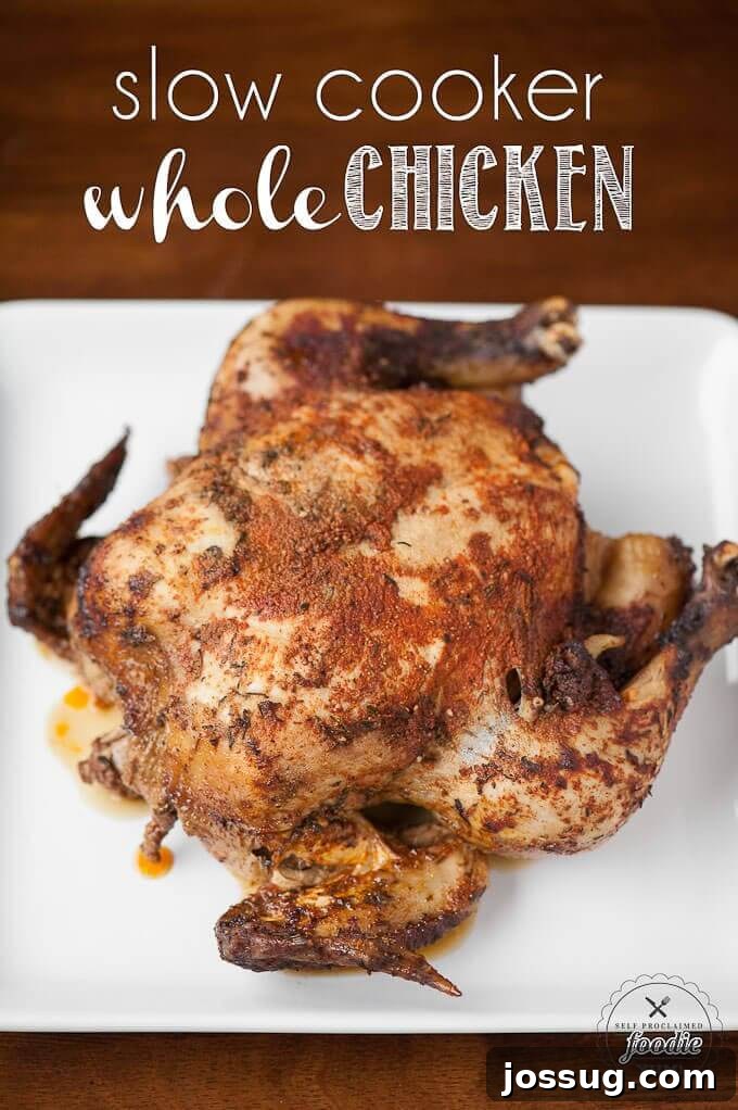 30 Set-and-Forget Slow Cooker Meals 4 A perfectly roasted whole chicken cooked in a slow cooker, looking golden brown and incredibly tender.