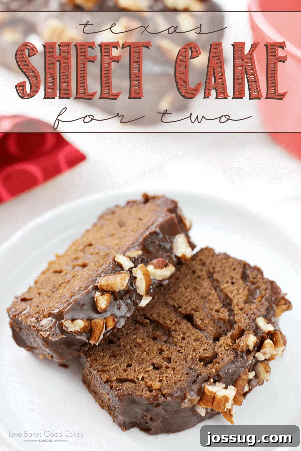 Sweetheart Texas Sheet Cake 2 Two pieces of Texas Sheet Cake for Two, topped with chocolate frosting and pecans, stacked on a white plate, ready to be served.