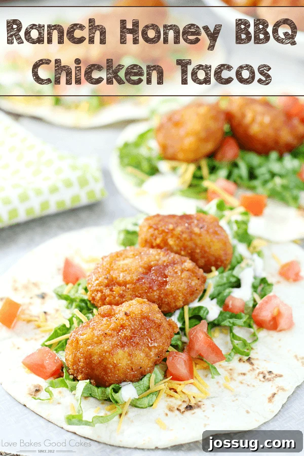 Sweet & Smoky Ranch Chicken Tacos 2 Delicious Ranch Honey BBQ Chicken Tacos loaded with fresh lettuce, shredded cheese, and chopped tomatoes, showcasing a perfect game day meal.
