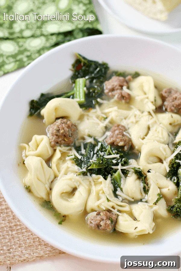 Hearty Italian Tortellini Soup 2 A steaming bowl of vibrant Italian Tortellini Soup, garnished with fresh herbs and Parmesan cheese.