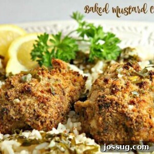 Zesty Mustard Chicken with Lemony Caper Rice 2 Baked Mustard Chicken with Lemon Caper Rice, served with lemon slices and fresh parsley.